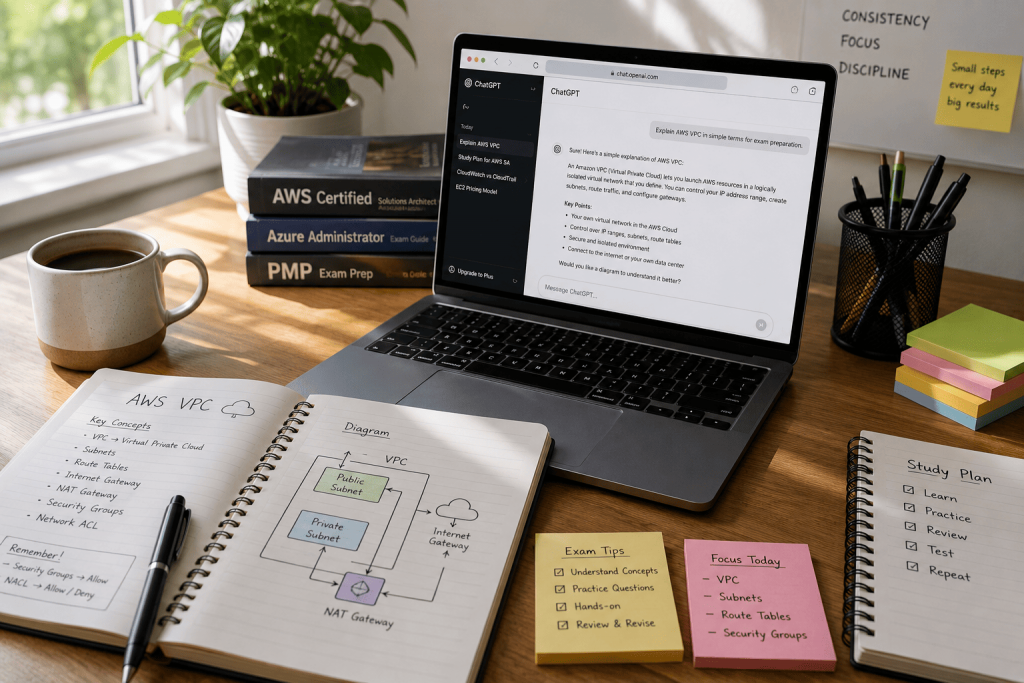 AI-powered study workspace with laptop displaying an AI assistant, certification notes, and study materials for IT exam preparation.