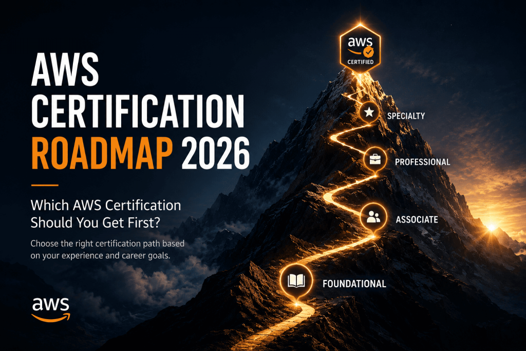 AWS Certification Roadmap 2026 hero image showing a glowing mountain path with four certification levels—Foundational, Associate, Professional, and Specialty—illustrating the recommended AWS certification journey from beginner to advanced.