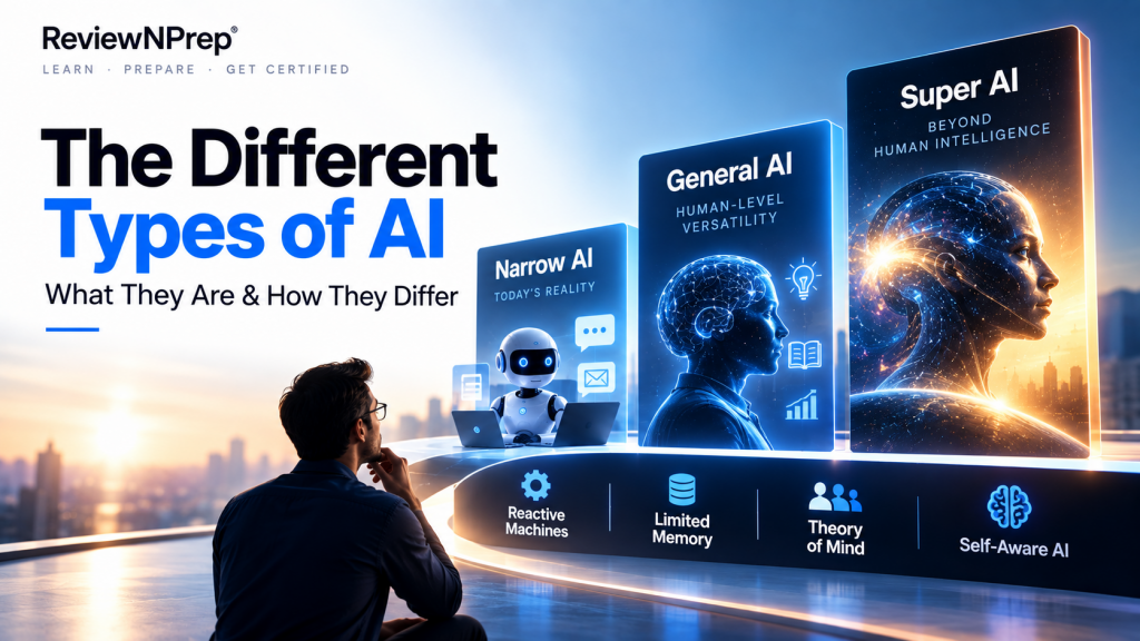 ReviewNPrep AI guide graphic showing Narrow AI, General AI, Super AI, and four AI functionality types: Reactive Machines, Limited Memory, Theory of Mind, and Self-Aware AI.