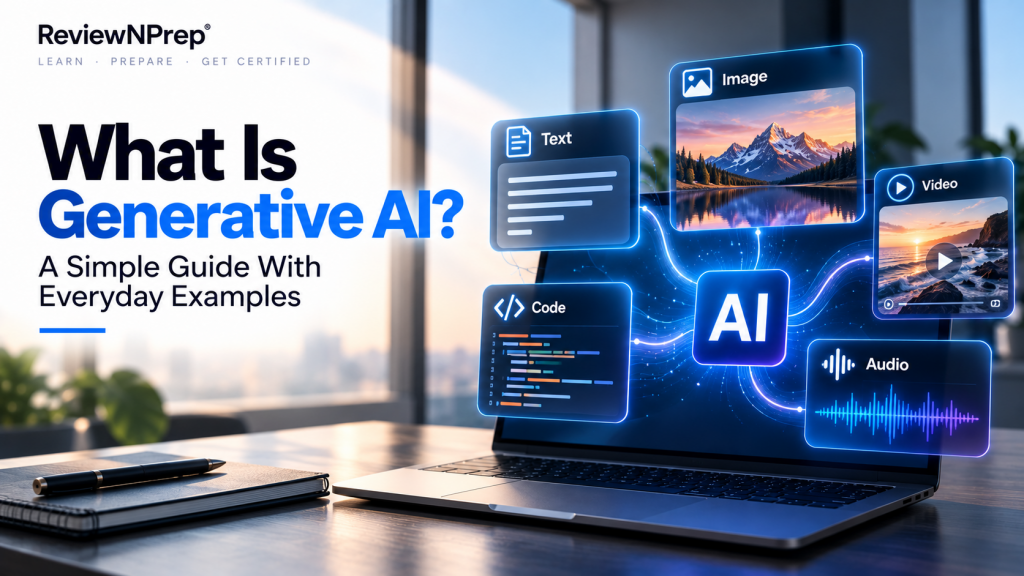 ReviewNPrep Generative AI graphic showing AI creating text, images, video, code, and audio from a central AI system.