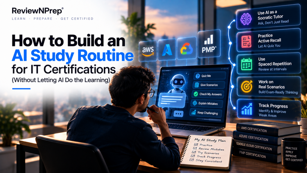 ReviewNPrep AI study routine for IT certifications, showing a learner using an AI tutor to practice exam scenarios, apply active recall, review mistakes, use spaced repetition, and track progress.