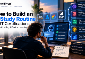 ReviewNPrep AI study routine for IT certifications, showing a learner using an AI tutor to practice exam scenarios, apply active recall, review mistakes, use spaced repetition, and track progress.