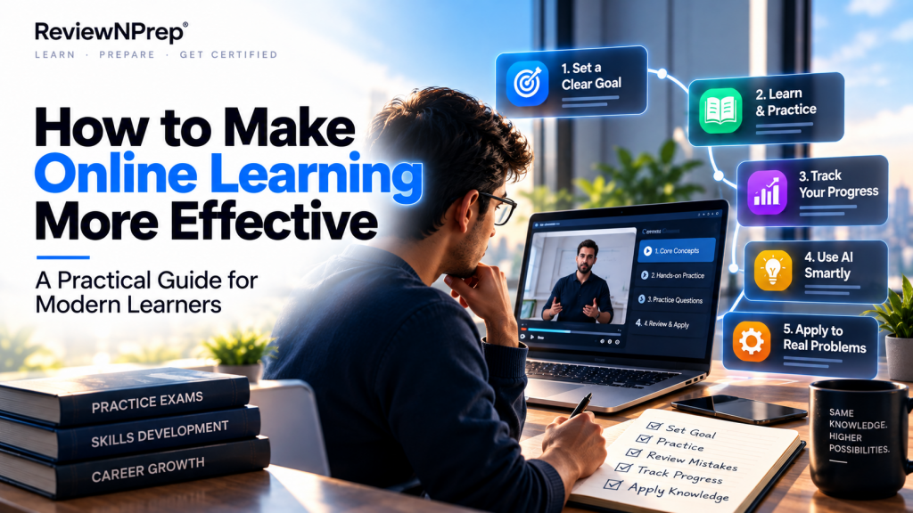 ReviewNPrep online learning guide featuring a learner studying on a laptop, with five strategies for effective learning: setting goals, practicing, tracking progress, using AI wisely, and applying knowledge to real-world problems.