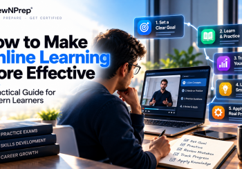 ReviewNPrep online learning guide featuring a learner studying on a laptop, with five strategies for effective learning: setting goals, practicing, tracking progress, using AI wisely, and applying knowledge to real-world problems.