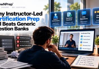 ReviewNPrep certification preparation banner comparing generic AI-generated question banks with instructor-led learning, highlighting expert instructors, updated content, discussion forums, verified reviews, and practice exams.