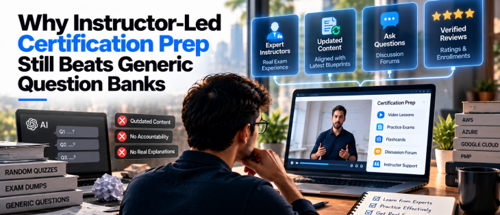 ReviewNPrep certification preparation banner comparing generic AI-generated question banks with instructor-led learning, highlighting expert instructors, updated content, discussion forums, verified reviews, and practice exams.