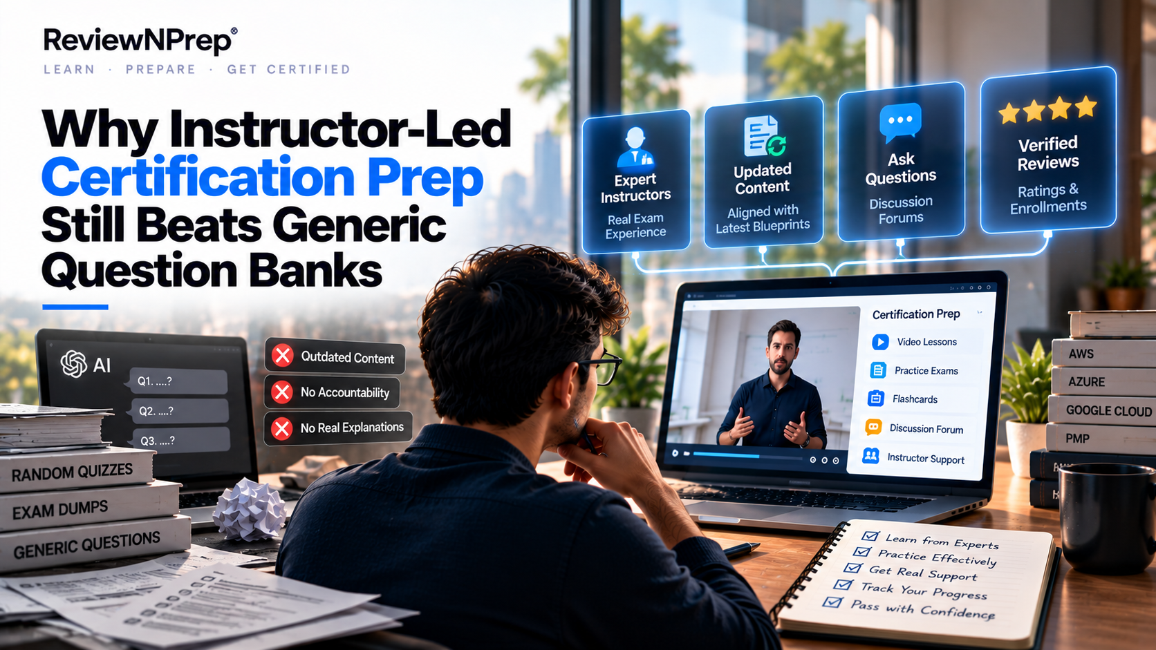 ReviewNPrep certification preparation banner comparing generic AI-generated question banks with instructor-led learning, highlighting expert instructors, updated content, discussion forums, verified reviews, and practice exams.