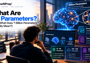 ReviewNPrep AI parameters guide illustrating a digital neural network brain, the meaning of 1 billion AI parameters, the difference between parameters and tokens, and comparisons of small, medium, and large AI models.